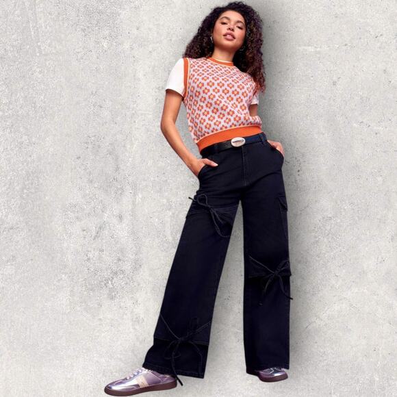 Cider Women’s Small Black Denim Bow Tie Detail Cargo Pants Wide Leg Streetwear - Picture 1 of 14